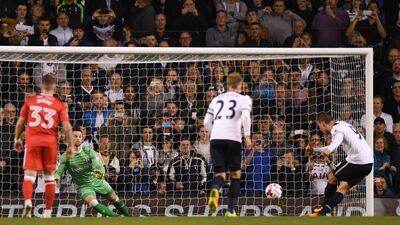 Vincent Janssen of Spurs scores his side’s third goal from the penalty spot. Mike Hewitt / Getty Images