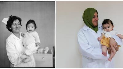 A combination picture shows a nurse posing with a Palestinian baby at the Gaza Vocational Training Centre in the Gaza Strip, in this handout picture believed to be taken in 1967 and a nurse holding a Palestinian baby in a UNRWA-run health center in the Gaza Strip, September 4, 2019. REUTERS