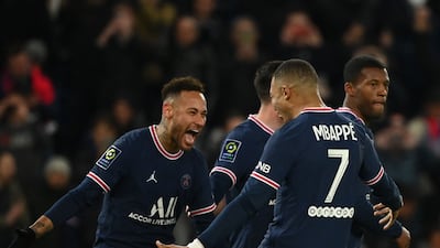 Neymar celebrates with Kylian Mbappe after scoring PSG's fifth goal. AFP