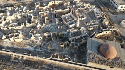 An aerial photo shows the extent of damage to buildings in Shamiya village