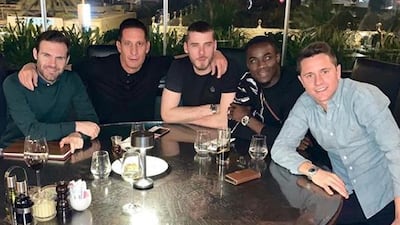 Manchester United's Juan Mata, goalkeeper coach Emilio Alvarez, David De Gea, Eric Bailly and Ander Herrera relax during their Dubai trip. Courtesy anderherrera / Instagram