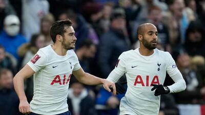 Harry Winks, left, celebrates after scoring Spurs' first goal against Morecambe. AP
