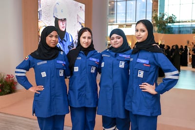 From left, Alia Al Dhaheri, Maryam Al Awani, Hour Al Blooshi and Mariam Al Kaabi are among the first cohort of women at Adnoc's Technical Academy. Victor Besa / The National