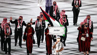 Jordan delegation parades during the Opening Ceremony of the Tokyo 2020 Olympic Games at the Olympic Stadium in Tokyo.