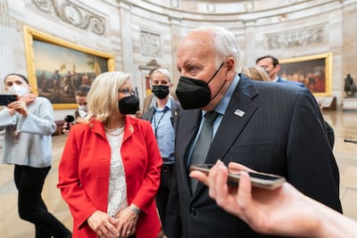 Former US vice president Dick Cheney with congresswoman Liz Cheney in the US Capitol on January 6, 2022, the first anniversary of the storming of the building by Donald Trump supporters. AP Photo