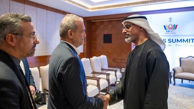 Sheikh Khaled bin Mohamed, Crown Prince of Abu Dhabi, with Iranian President Masoud Pezeshkian on the sidelines of the Brics summit in New Delhi. Photo: ADMO