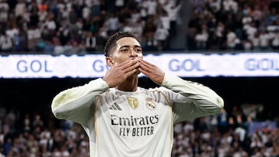 Jude Bellingham celebrates after scoring Real Madrid's second goal in their 2-1 La Liga win over Barcelona at the Santiago Bernabeu on October 26, 2025. EPA
