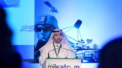 Masood Mahmood, Yahsat chief executive, delivers his address at the Milsatcom Middle East Conference. Ravindranath K / The National