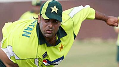 The first man to break the 100mph mark for a delivery, the Pakistani bowler Shoaib Akhtar practices to take on Chris Gayle and the rest of West Indies team in the Fortune Cup.