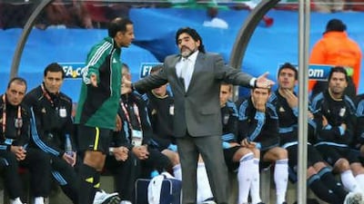 Diego Maradona gestures to an official during Argentina's match against Nigeria.