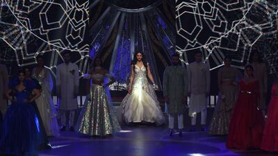 Work by designer Nikhil and Shantanu on stage during the IIFA Rocks of the 20th International Indian Film Academy (IIFA) Awards
