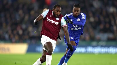 Michail Antonio, left, in action for West Ham United during a Premier League game against Leicester City on December 03, 2024. Getty