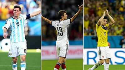 From left to right, Lionel Messi, Thomas Muller and James Rodriguez. Clive Rose / Getty Images, Kirsty Wigglesworth / AP, Matt Dunham / AP