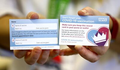 A card which will be given to patients following their Covid-19 vaccine shot. Bloomberg