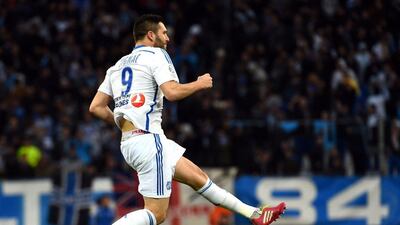 Marseille's Andre-Pierre Gignac celebrates after scoring in his side's 1-0 Ligue 1 win against Evian on Saturday. Anne-Christine Poujoulat / AFP / January 31, 2015