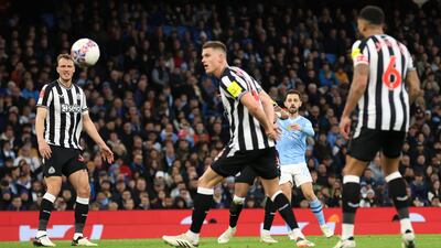 Bernardo Silva of Manchester City scores his team's second goal during the Emirates FA Cup quarter-final between City and Newcastle United. Getty Images