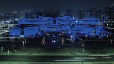 The Abu Dhabi Municipality building lights up in blue colour, in solidarity with the global campaign #LightItBlue. Courtesy Abu Dhabi Government Media Office