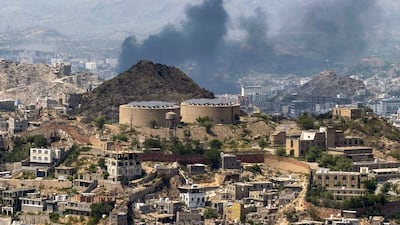 Smoke billows from a site that was hit during battles between Saudi-backed Yemeni government fighters and the Iran-backed Houthis at the Jabal Han front, west of the city of Taiz, Yemen. AFP