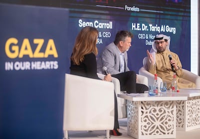 Dr Tariq Al Gurg, CEO and vice chairman of Dubai Cares, with Sean Carroll, president and chief executive of Anera, at a Gaza aid event in Dubai. Leslie Pableo for The National