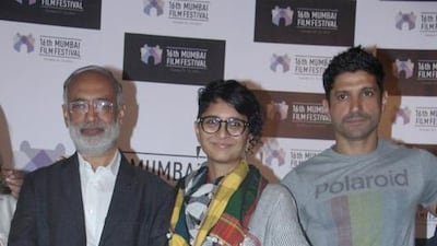 Srinivasan Narayanan, Kiran Rao and Farhan Akhtar at Curtain Raiser press conference of 16th Mumbai Film Festival. Courtesy Mumbai Academy of Moving Image