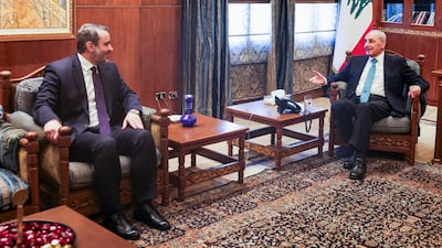 Syrian Foreign Minister Asaad Al Shibani, left, meets Lebanese Parliament Speaker Nabih Berri in Beirut on Thursday. Reuters