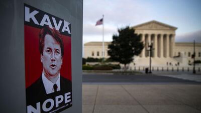 A sticker in protest of Brett Kavanaugh is seen outside of the U.S. Supreme Court building in Washington, D.C. Bloomberg