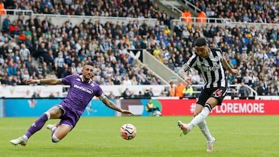 Soccer Football - Pre Season Friendly - Newcastle United v Fiorentina - St. James' Park, Newcastle, Britain - August 5, 2023 Newcastle United's Miguel Almiron scores their first goal Action Images via Reuters / Craig Brough