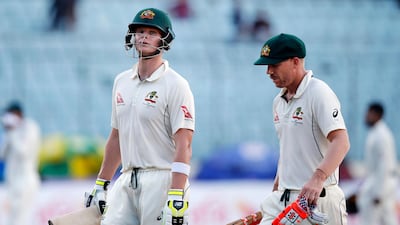 Australian cricket captain Steve Smith, left, and his teammate David Warner leave the ground after end of the third day of the first Test against Bangladesh in Dhaka, Bangladesh. AM Ahad / AP Photo