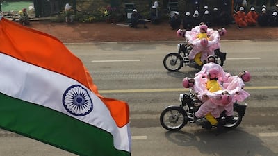 The Indian Border Security Force (BSF) women’s motorcycle team, Seema Bhawani, takes part in the Republic Day parade in New Delhi. Prakash Singh / AFP