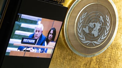 The Palestinian ambassador to the United Nations, Riyad Mansour, speaks during a meeting of the UN General Assembly. EPA