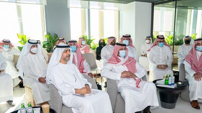 Younis Al Khoori (without mask), undersecretary in the UAE Ministry of Finance, during the Saudi-Emirati Coordination Council's meeting in Dubai. Image: UAE Ministry of Finance