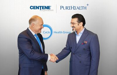 Brent Layton, left, senior adviser of Centene Corporation, and Farhan Malik, founder and managing director and group chief executive of Pure Health. Photo: Pure Health