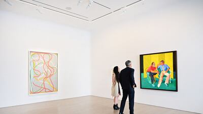 'The Conversation' by David Hockney, right, displayed beside 'The Attended' by Brice Marden. AFP