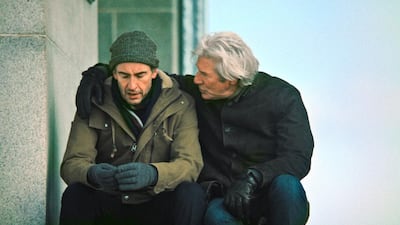Richard Gere as Stan comforts on-screen brother Paul, played by Steve Coogan, in The Dinner. Courtesy Front Row Filmed Entertainment