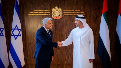 Israel's Foreign Minister Yair Lapid shakes hands with UAE's Foreign Minister Sheikh Abdullah bin Zayed Al Nahyan in Abu Dhabi. WAM via Reuters