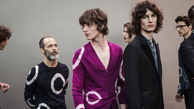 Hotel designer Roman Alonso, left, was part of the show along with the models, all wearing the spring/summer 2017 collection by artistic director of menswear Véronique Nichanian. Photo by Edouard Caupeil