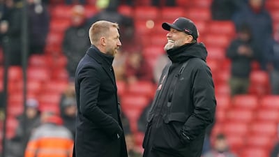 Liverpool manager Jurgen Klopp and former Chelsea coach Graham Potter before the Premier League match at Anfield in January. Potter was sacked by Chelsea two days before the reverse fixture. PA