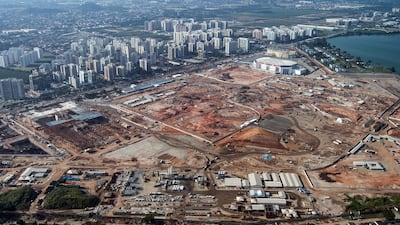 Aerial view of the construction site of the Olympic park for the Rio 2016 Olympic and Paralympic Games at Barra da Tijuca in Rio de Janeiro on June 28, 2014. Yasuyoshi Chiba / AFP