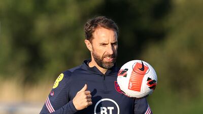 England manager Gareth Southgate watches the training session.