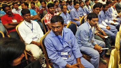 The Ministry of Overseas Indian Affairs launched the Mahatma Gandhi Pravasi Suraksha Yojana voluntary insurance scheme for Indian workers on Monday. Sarah Dea / The National