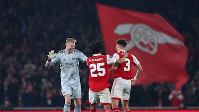 Soccer Football - Europa League - Group A - Arsenal v FC Zurich - Emirates Stadium, London, Britain - November 3, 2022 Arsenal's Kieran Tierney celebrates scoring their first goal with Mohamed Elneny and Aaron Ramsdale REUTERS / David Klein