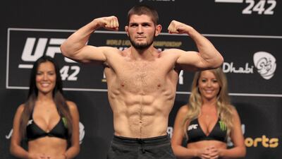 Khabib Nurmagomedov weighs in the day before his fight with Dustin Poirier at UFC 242.