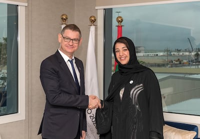 Cartier president and chief executive Cyrille Vigneron, left, meeting with Reem Al Hashimy, director-general of Dubai Expo 2020 and Minister of State for International Co-operation. Courtesy Cartier