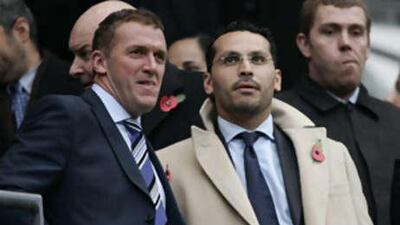 The Manchester City executive chairman Garry Cook, left, and the chairman Khaldoon al Mubarak look on during the team's loss to Tottenham Hotspur on Sunday.
