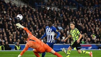 Arsenal's Leandro Trossard scores their third goal. Reuters