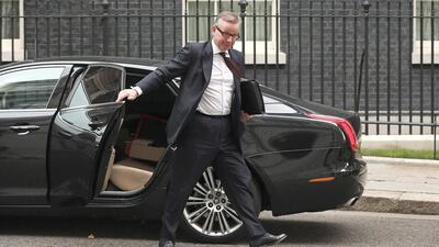 The UK education secretary Michael Gove arrives at 10 Downing Street in London on Monday after being called to attend a meeting with prime minister David Cameron to discuss the alleged "extremist takeovers" of schools in Birmingham. Dan Kitwood / Getty Images)