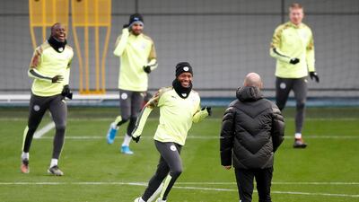 Manchester City's Raheem Sterling, centre, during a training session at the City Football Academy in Manchester on the eve of their match against Shakhtar Donetsk in the Champions League. PA