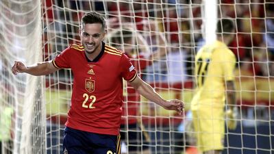 Pablo Sarabia of Spain celebrates after scoring. EPA