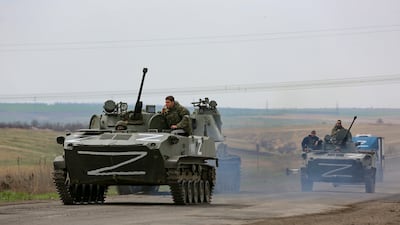 Russian military vehicles in an area controlled by Moscow-backed separatists near Mariupol. AP