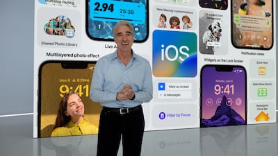 Apple's senior vice president of software engineering Craig Federighi talks about the new features of iOS 16 on Monday. EPA